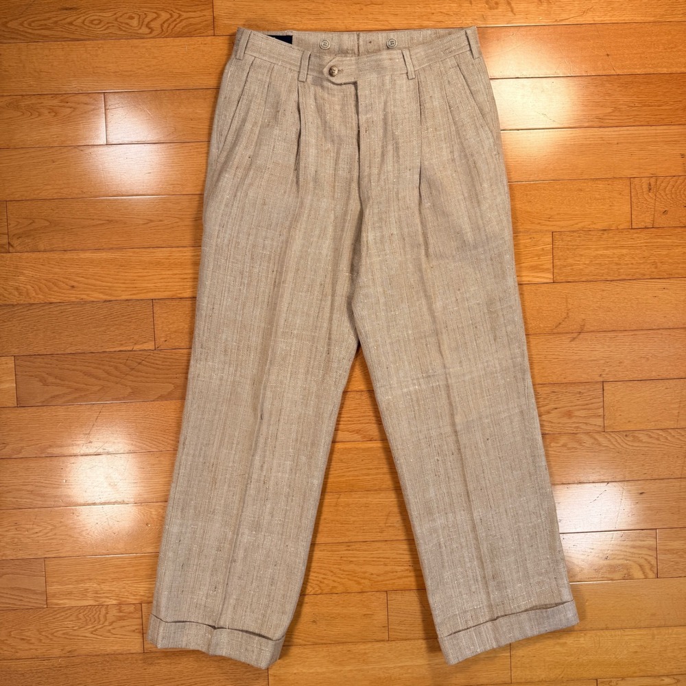 VTG‎ Polo Ralph Lauren Mens Beige Textured Linen Pleated Cuffed Trousers 30x28